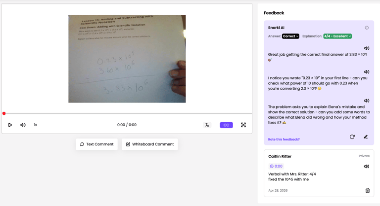 Snorkl student response example with an uploaded image of scientific notation